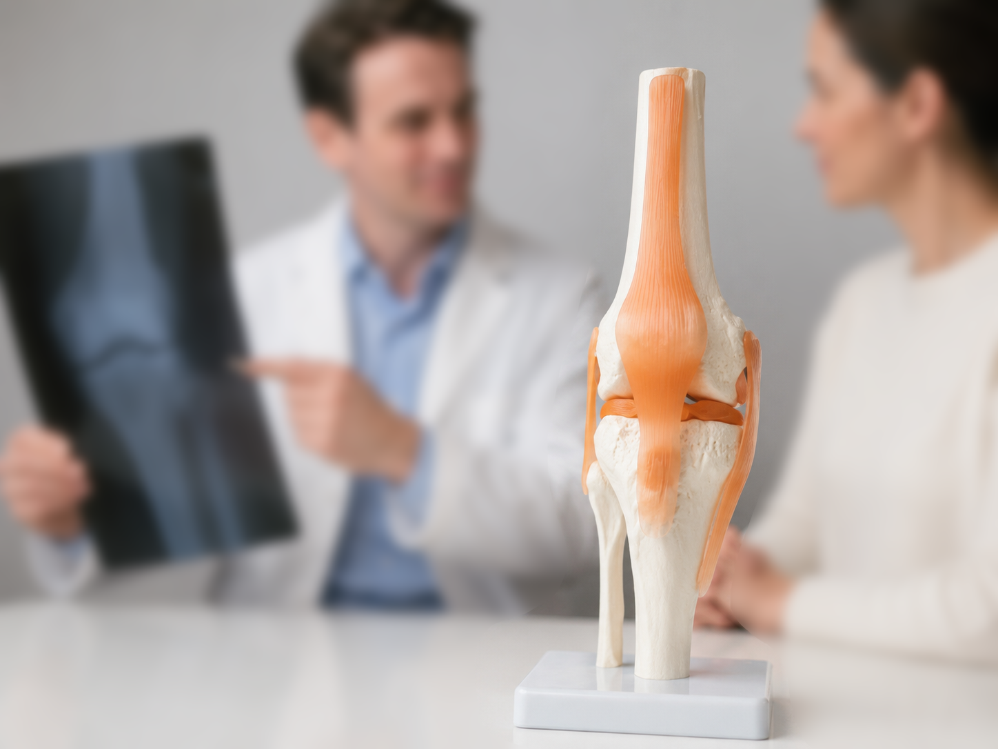 Arzt erklärt einer Patientin ein anatomisches Kniemodell