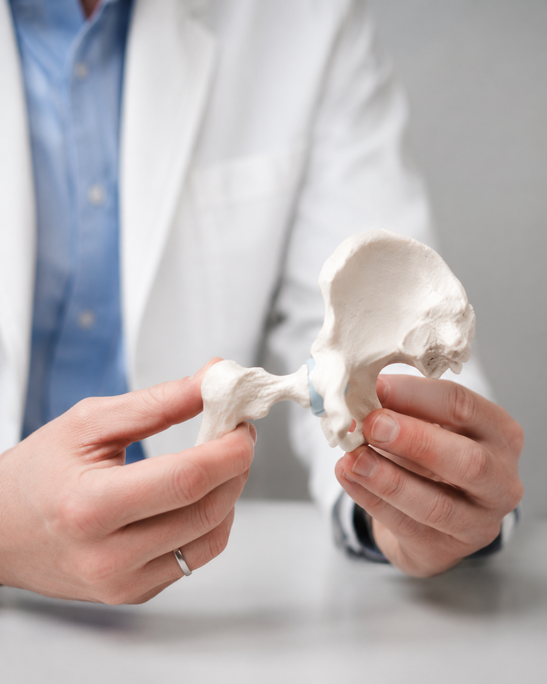 Nahaufnahme eines anatomischen Hüftgelenkmodells in den Händen des Arztes